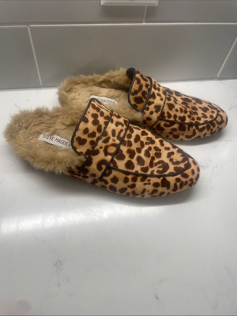 Steve Madden Leopard Print Fur-Lined Mules - Brown/Tan